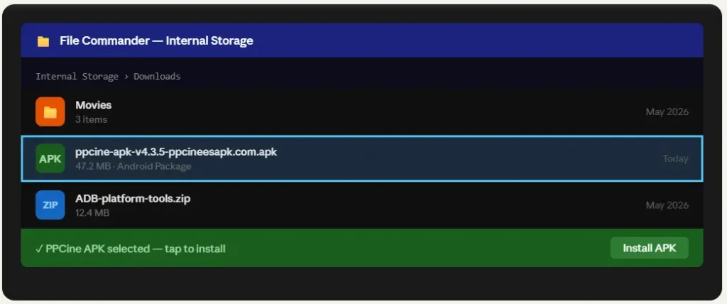 TV 4 file manager showing ppcine apk