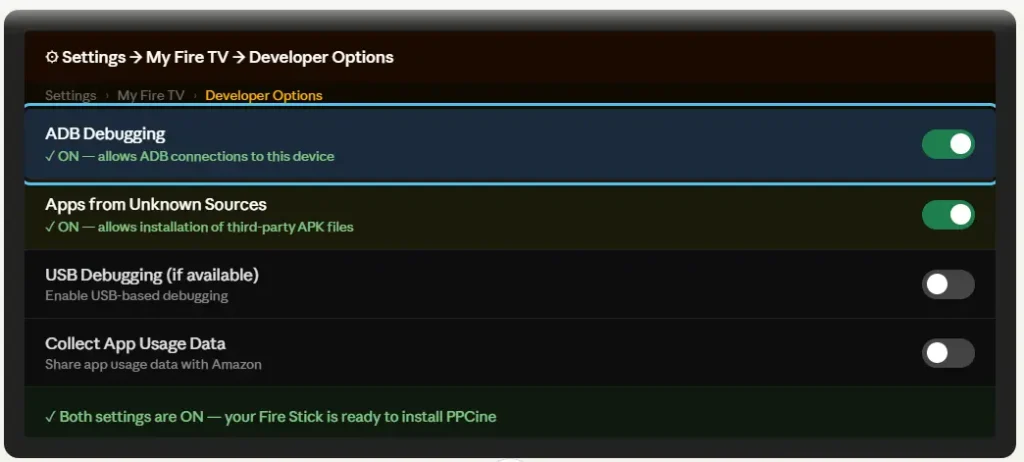 TV 5 fire tv developer option